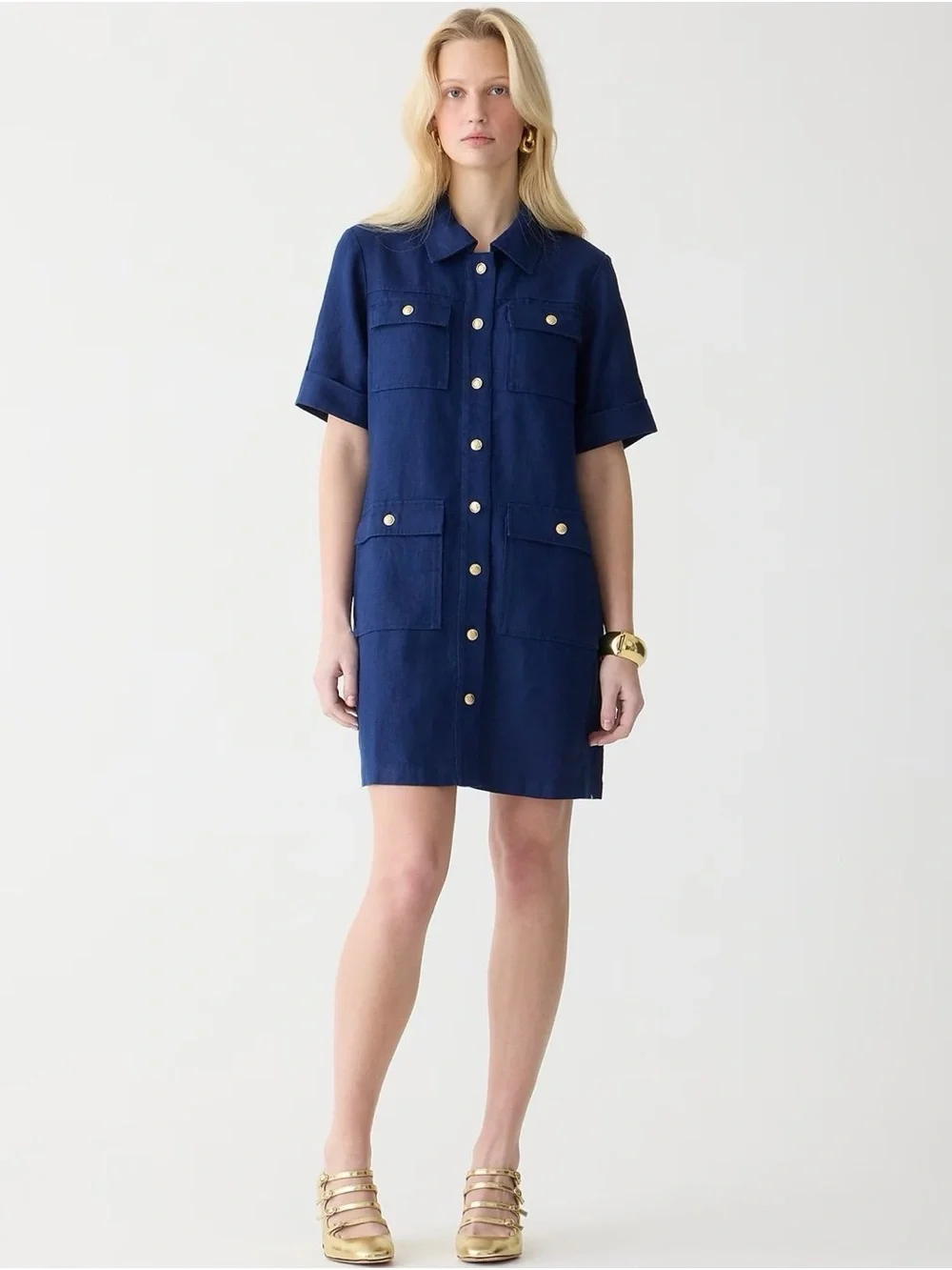 J. Crew famine Navy Short-Sleeve Button-Front shirt Dress 6